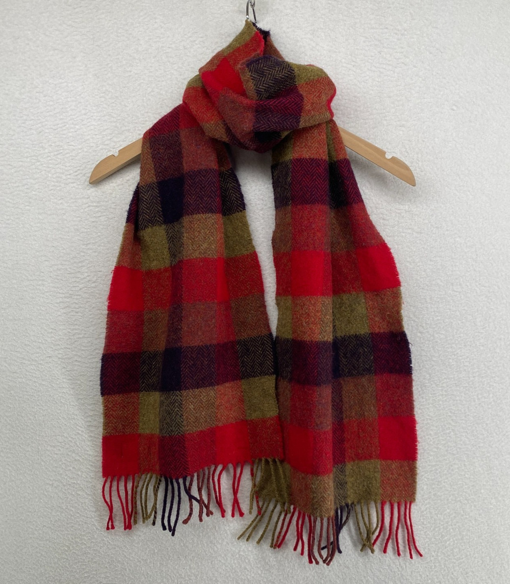 FOXFORD Scarf Lambswool Herringbone Check Fringe Shawl Wrap Red 11" x 68" Vtg